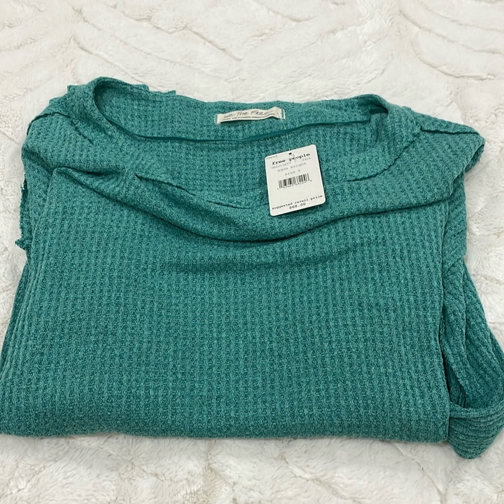 Free People Teal Off-the-Shoulder Waffle Knit Sweater